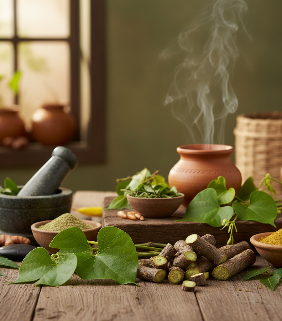 Stems and fresh leaves of Giloy (Guduchi) with herbal powder and tea on a wooden table, known in Ayurveda as herbs for immunity.