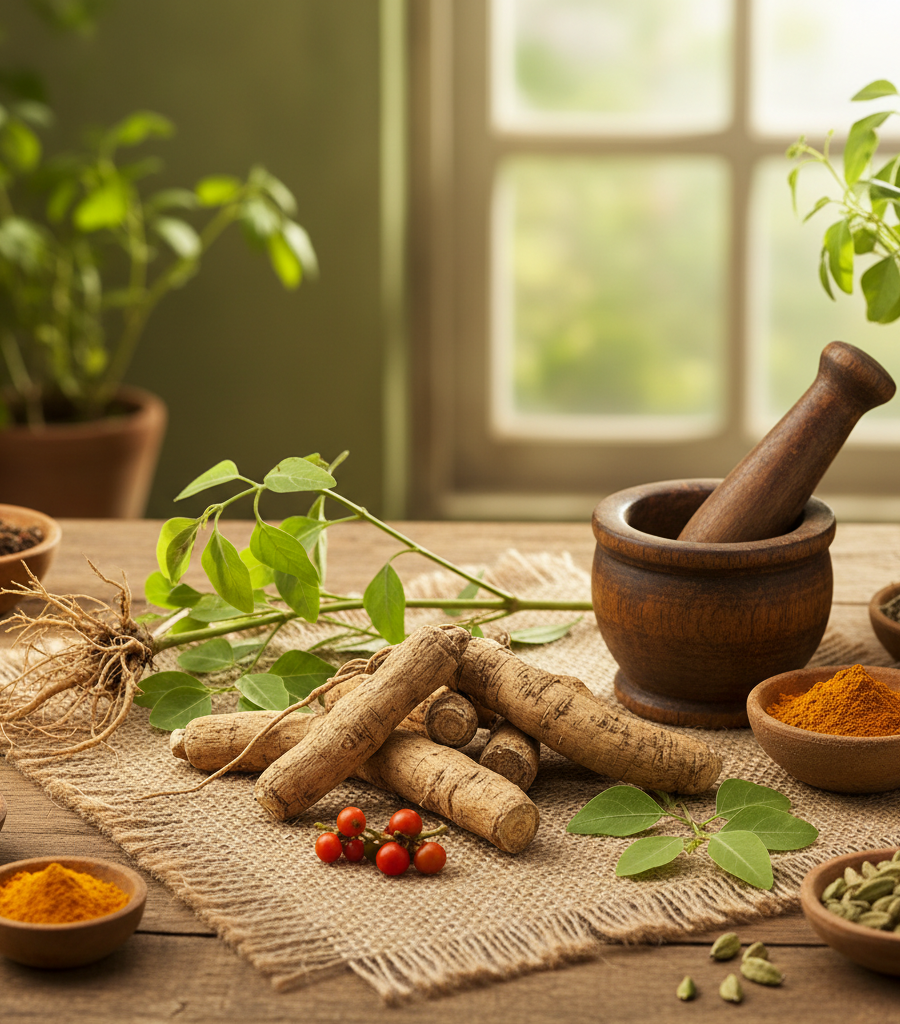 Ashwagandha roots, herbal powder and fresh leaves on a wooden table, which are used as powerful herbs for immunity in Ayurveda.