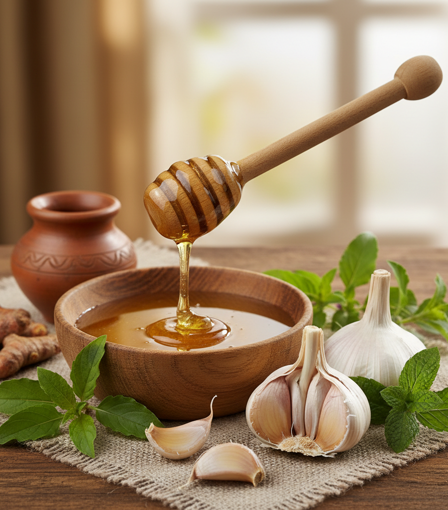 Rustic table with a wooden bowl full of honey and a spoon dripping honey, surrounded by fresh garlic bulbs and herbs – the main ingredients for making a homemade honey and garlic mixture for immunity.