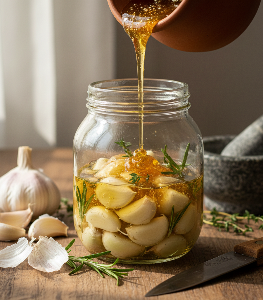 Pouring honey over garlic cloves and rosemary sprigs in a glass jar, the process of preparing the honey and garlic remedy for immunity.