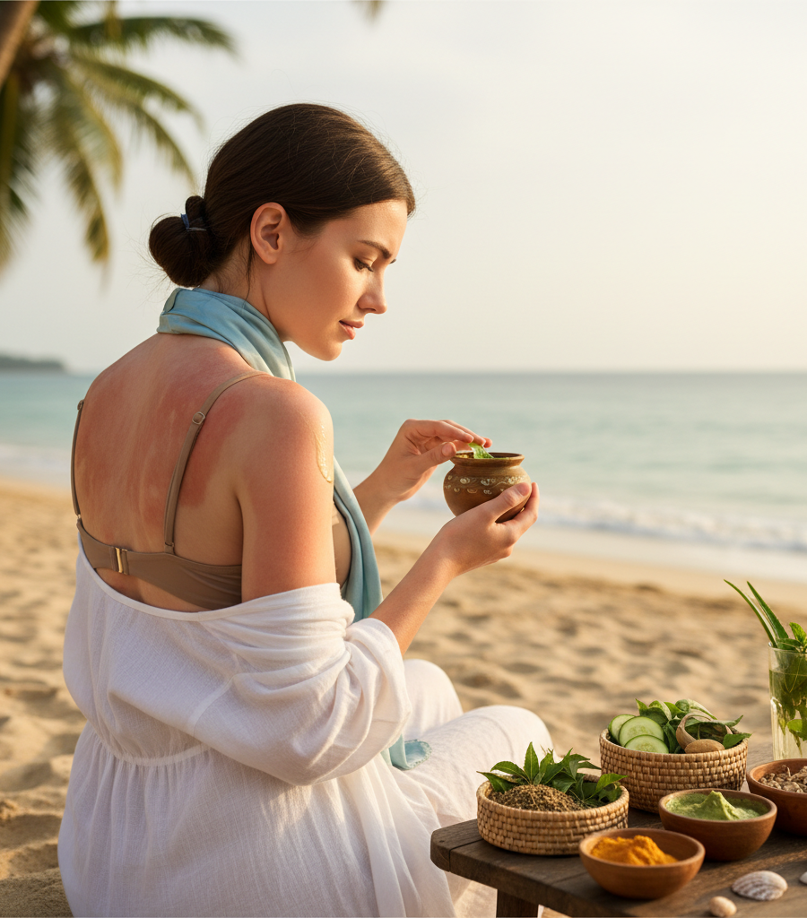 Woman on a beach with visible sunburn on her back, applying a natural paste from a small clay jar, surrounded by ingredients for Ayurvedic sunburn recipes like aloe vera and cucumber.