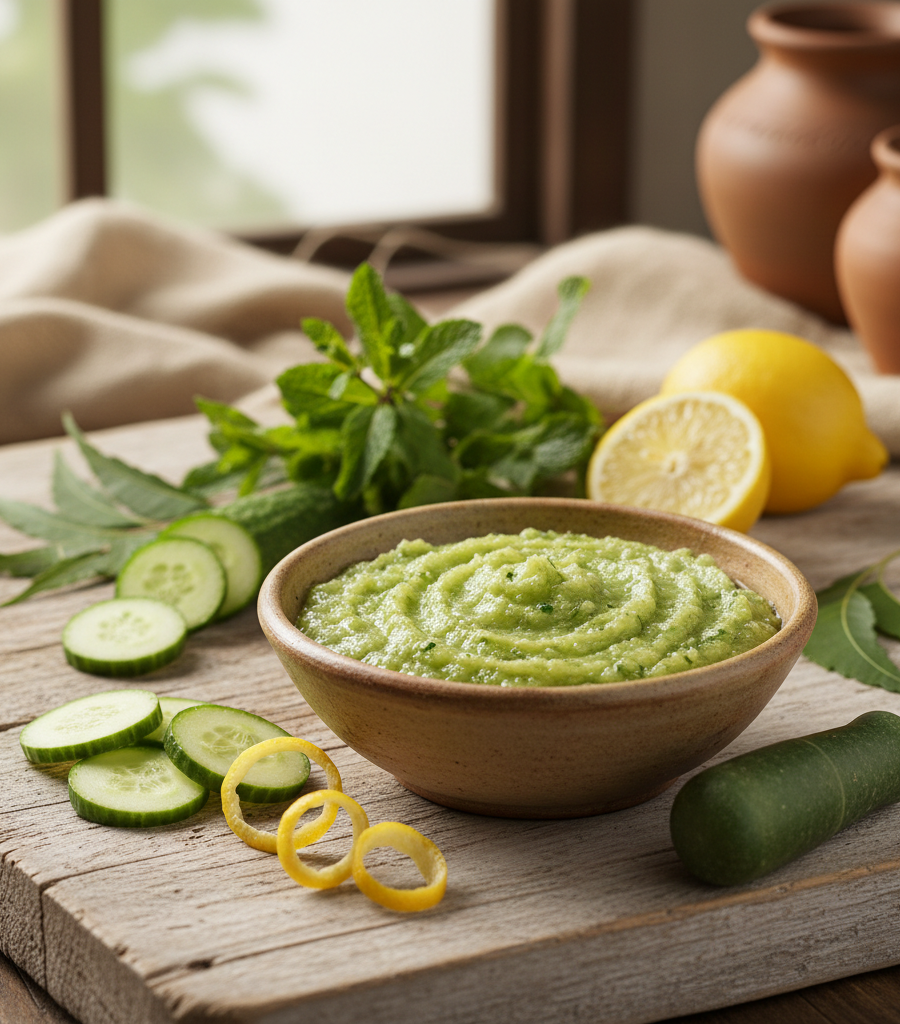 Wooden bowl with fresh cucumber and lemon paste on a table, prepared as part of natural Ayurvedic sunburn recipes.