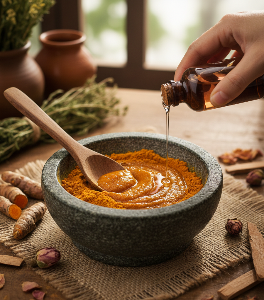 Preparation of a homemade mixture with turmeric and natural oils in a stone bowl, one of the best Ayurvedic sunburn recipes.