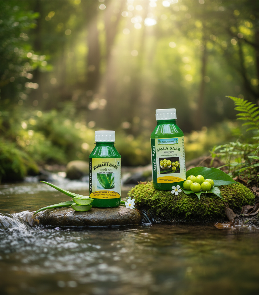 Bottles of natural aloe vera juice (Kumari Saar) and amla (Amla Saar) in nature, key ingredients in Ayurvedic sunburn recipes.