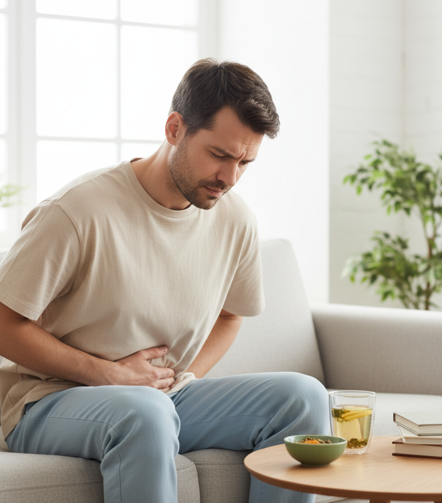 A man sitting on a sofa holding his stomach due to pain, illustrating digestive problems caused by bad food combinations.