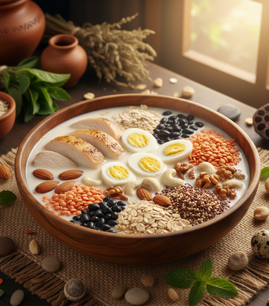 A wooden bowl with a mixture of milk, meat, eggs, and legumes as an illustration of bad food combinations according to Ayurveda.