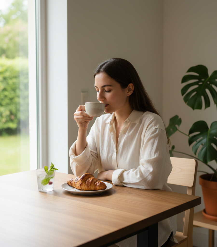 A woman drinking coffee with a croissant for breakfast, an example of bad food combinations that hinder digestion according to Ayurveda.
