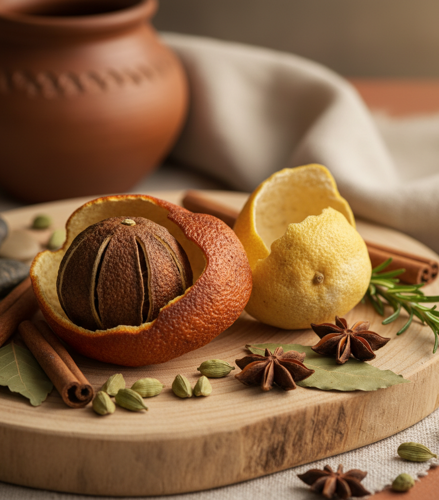 Dried orange and lemon peel with Ayurvedic spices on a wooden surface as an illustration of natural fruit peels for skin.