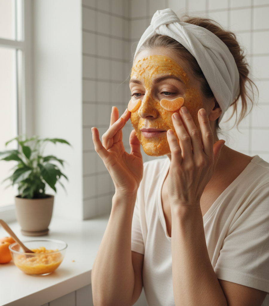 Woman with a towel on her head applying an orange face mask and tangerine slices under her eyes, illustrating a natural treatment with fruit peels for skin.