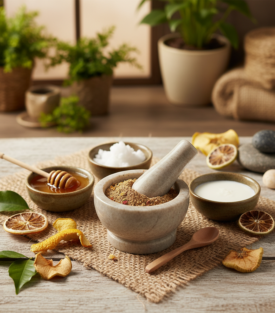 Stone mortar with powder, honey, and milk for preparing a natural homemade treatment with fruit peels for skin.