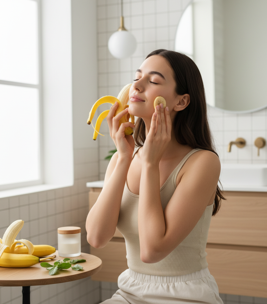 Young woman applying banana peel to her face for hydration, illustrating a natural way of care with fruit peels for skin.