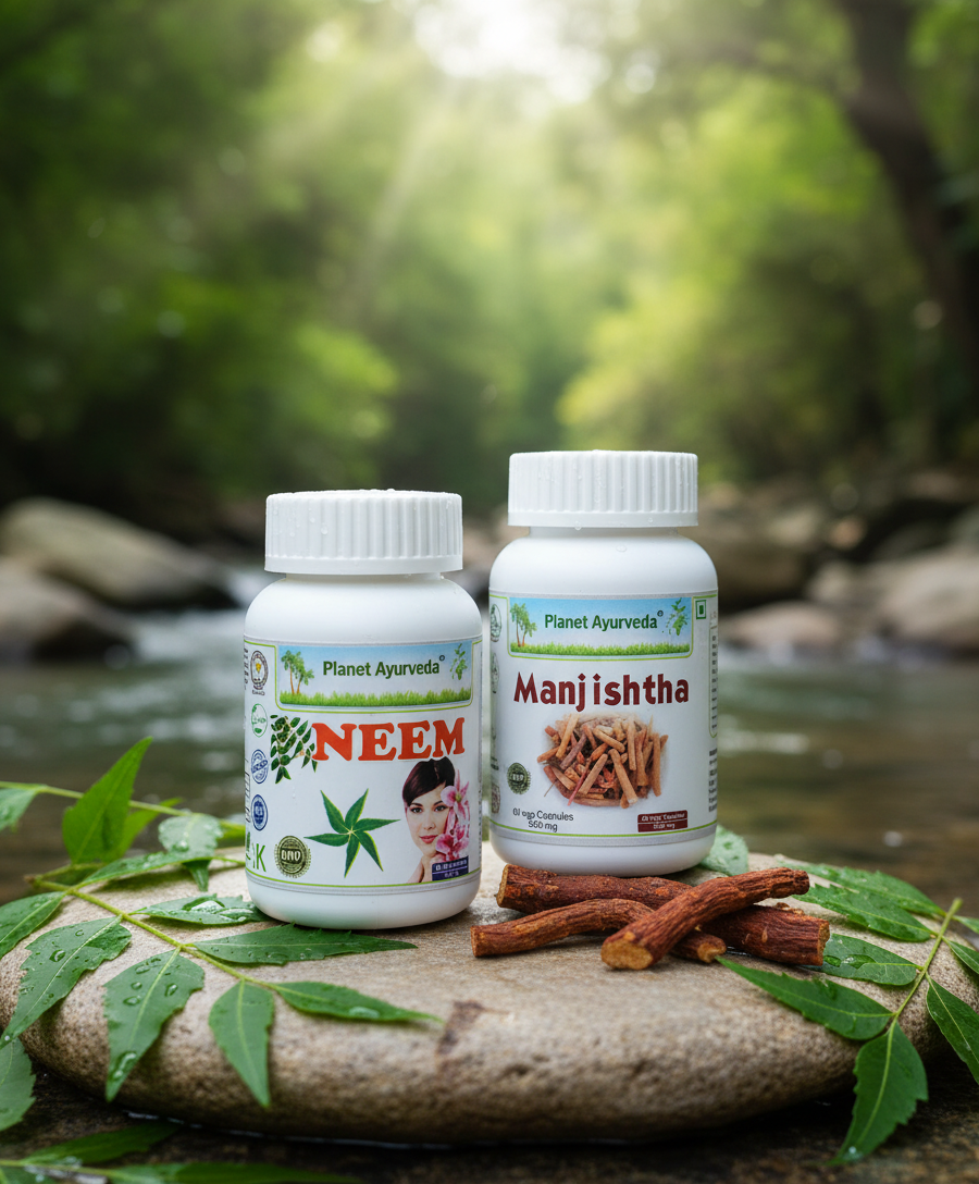 Neem and Manjistha products in nature, which are ideal internal support for fruit peel skin treatments.