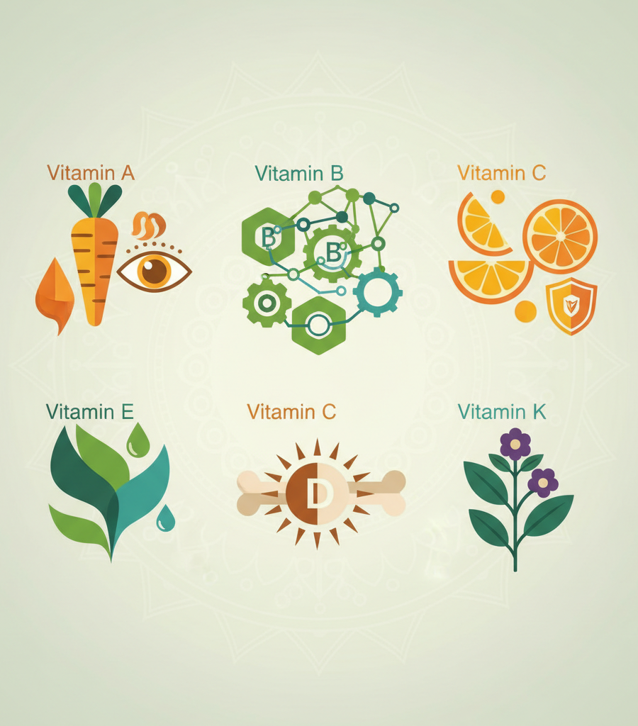 Illustration of essential Vitamins and natural sources represented through stylized icons for vitamins A, B, C, D, E, and K