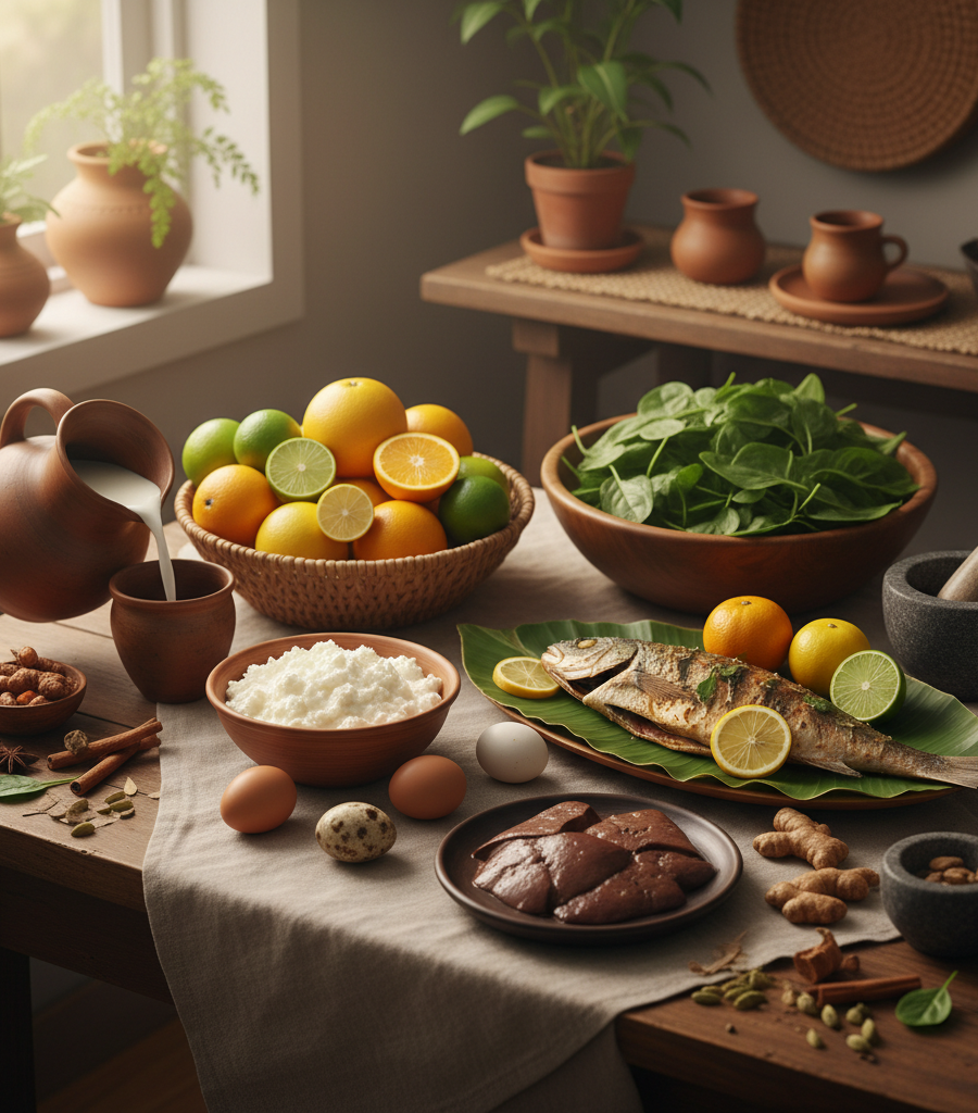 Wooden table set with healthy food, fish, eggs, spinach, and citrus fruits which are rich Vitamins and natural sources for strong immunity