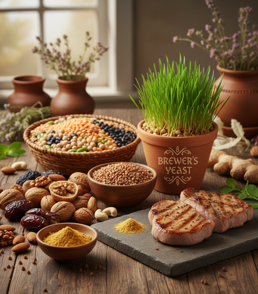 Display of nuts, grains, pork, and brewer's yeast which are important Vitamins and natural sources of B-complex