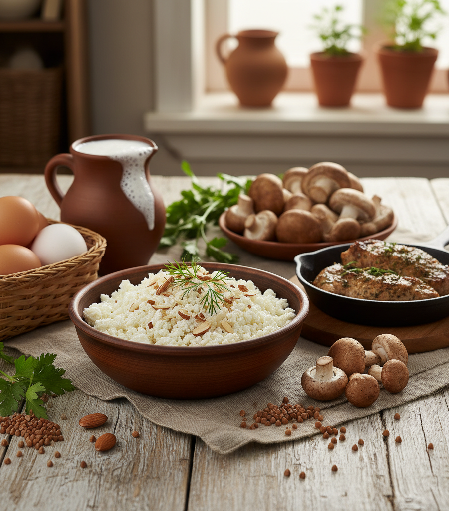 Healthy breakfast with cottage cheese, boiled eggs, mushrooms, and buckwheat, illustrating various Vitamins and natural sources for cell regeneration