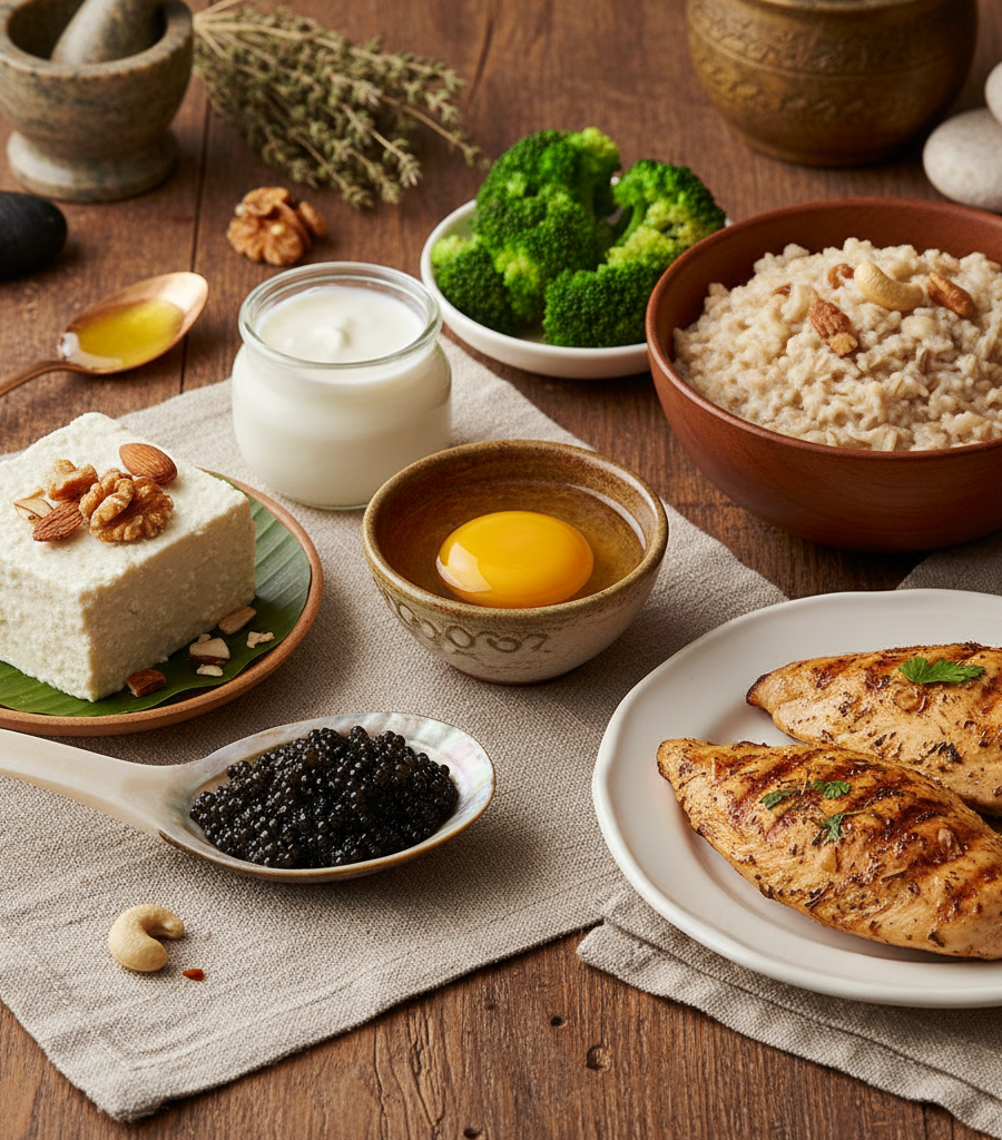 Nutritiously rich meal with chicken, black caviar, egg yolk, and broccoli as an example of essential Vitamins and natural sources