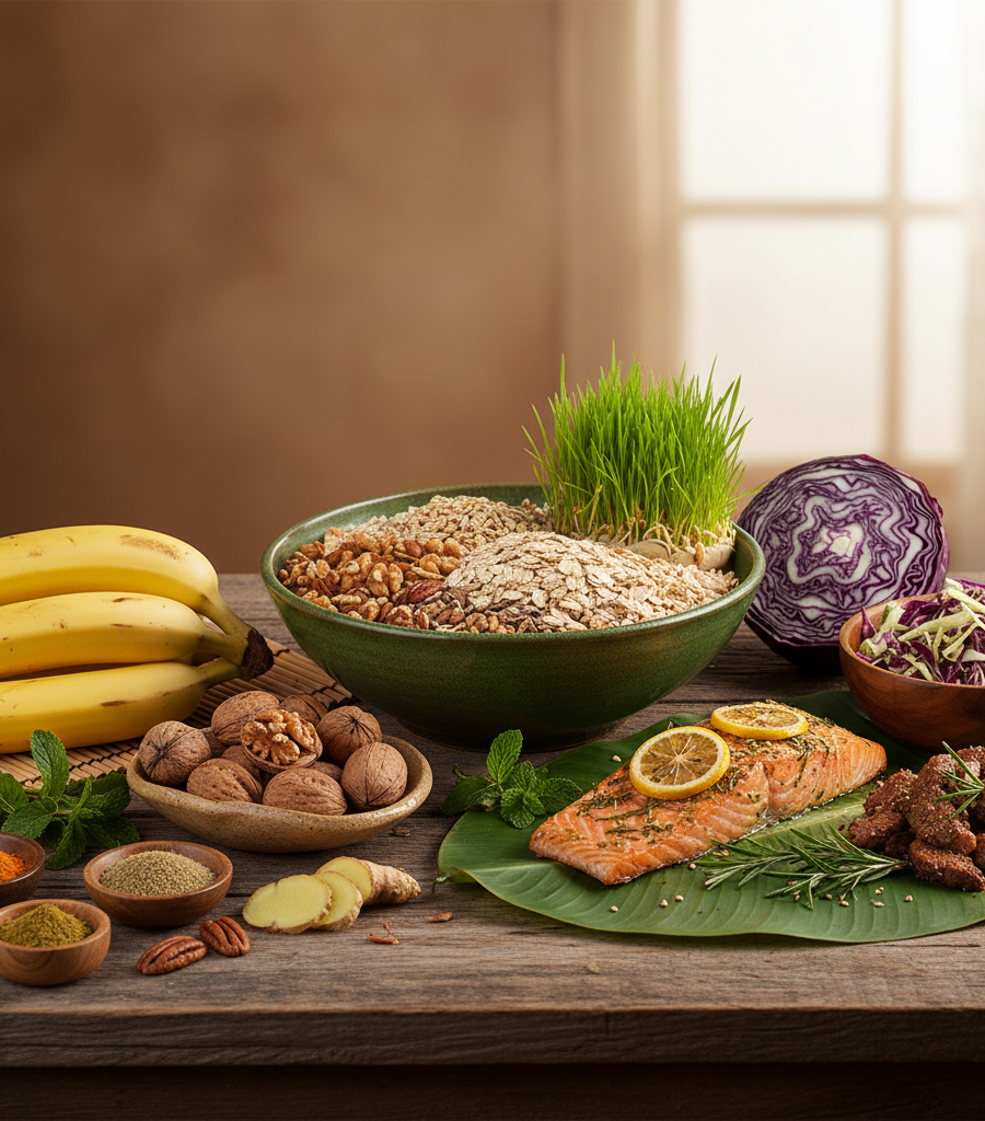 Diverse diet with bananas, salmon, walnuts, whole grains, and red cabbage offering an abundance of Vitamins and natural sources