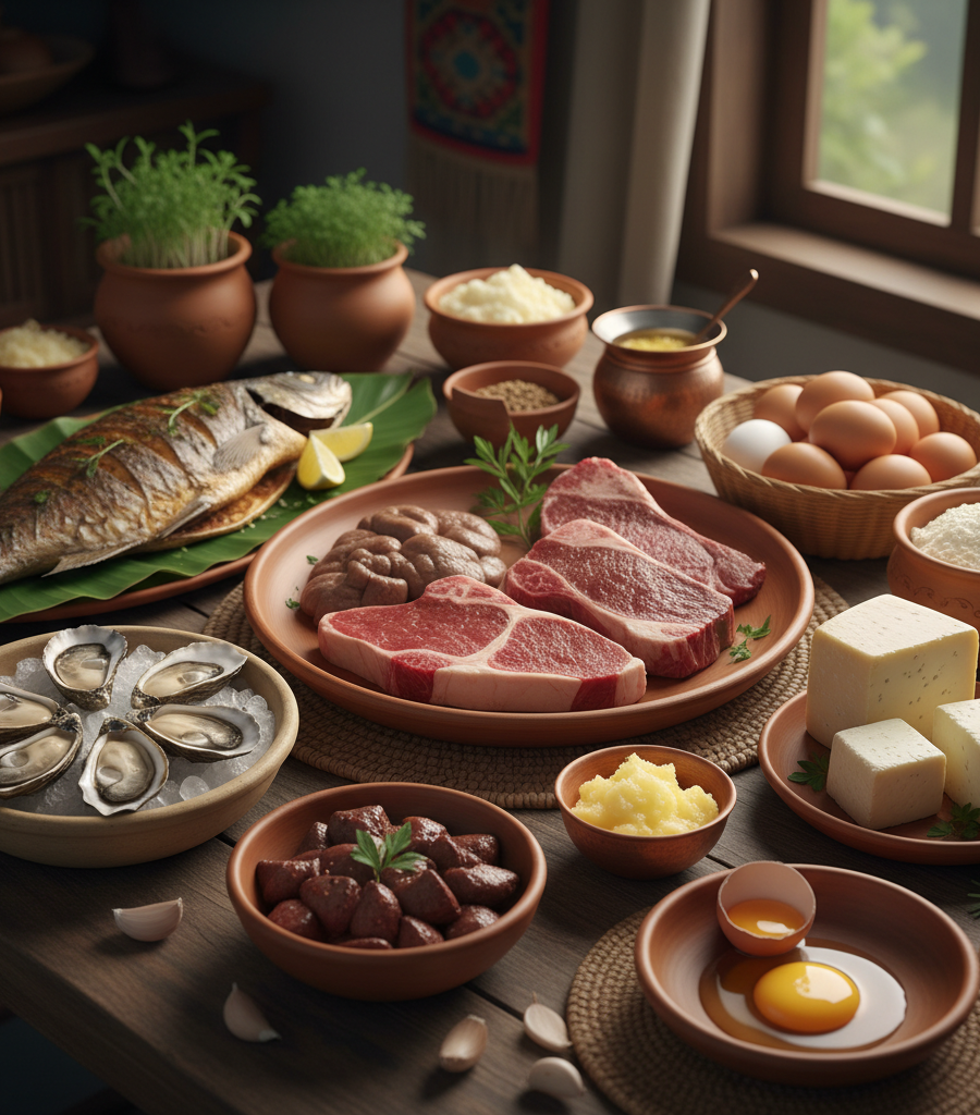 Rich table with red meat, fresh oysters, liver, and dairy products which are powerful Vitamins and natural sources of B12