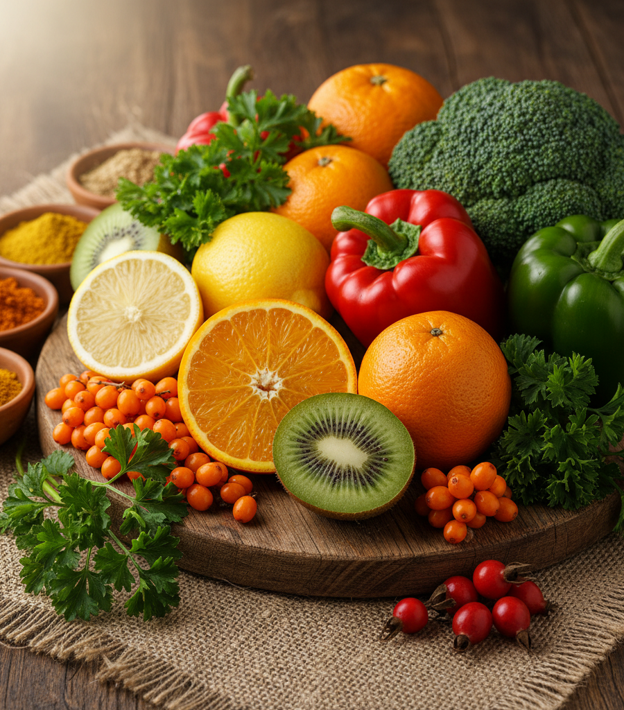 Fresh fruits and vegetables including kiwi, peppers, broccoli, and sea buckthorn as the best Vitamins and natural sources of Vitamin C