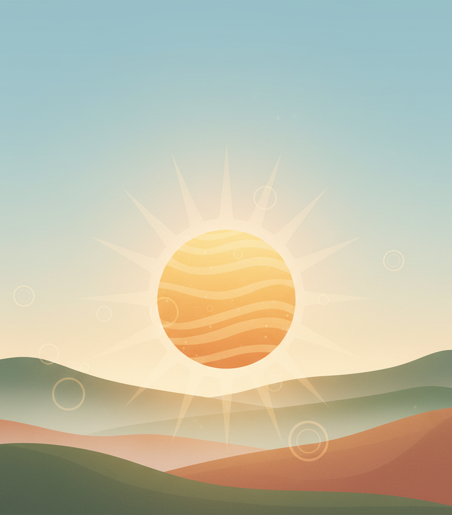Artistic illustration of the sun which is key for Vitamin D synthesis, complementing other Vitamins and natural sources in the body
