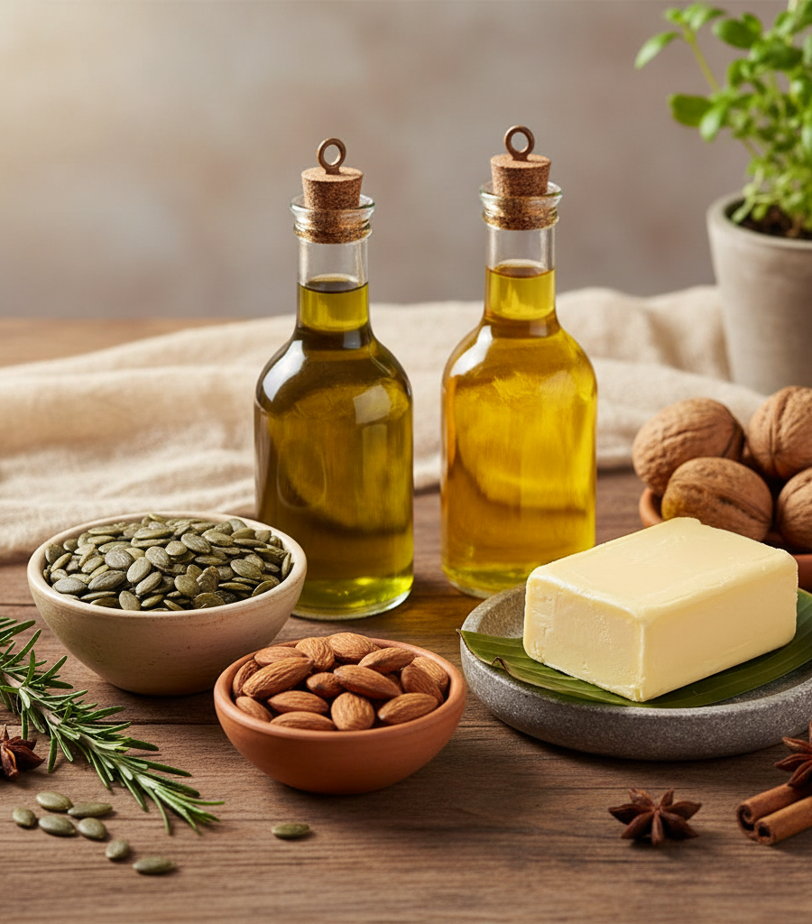 Cold-pressed oils, pumpkin seeds, butter, and almonds which are rich in Vitamin E, shown as important Vitamins and natural sources for vitality