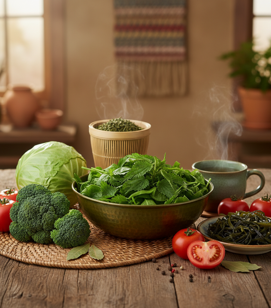 Green vegetables including nettle, cabbage, and broccoli which are essential K Vitamins and natural sources for blood clotting