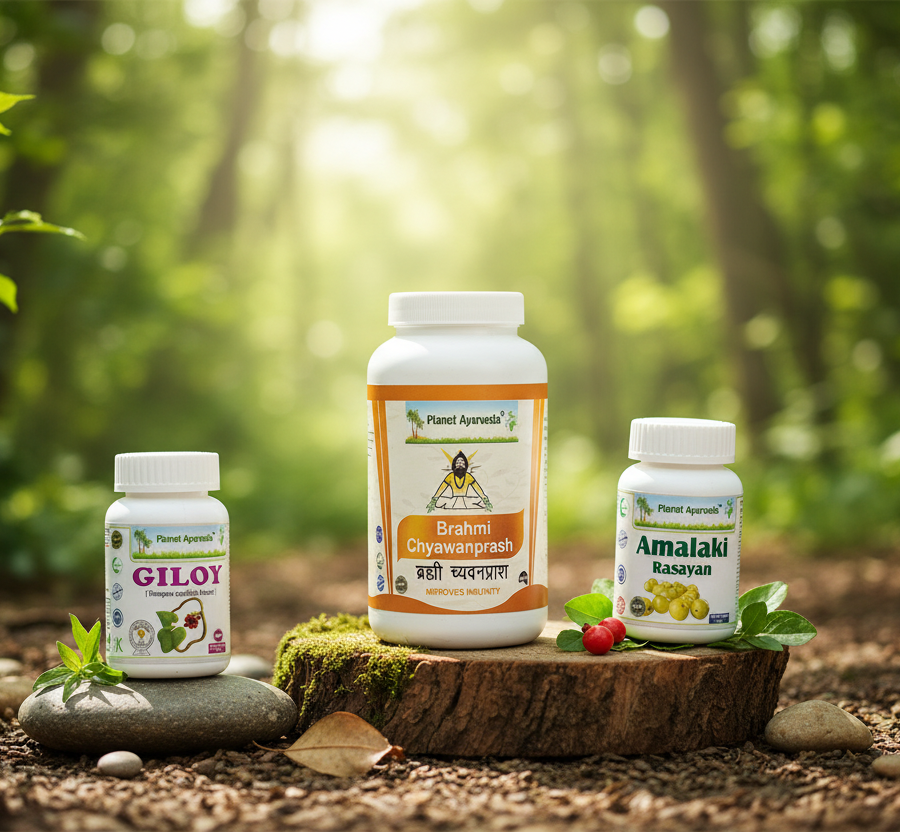 Natural supplements (Giloy, Brahmi Chyawanprash, and Amalaki Rasayan) photographed in nature as the best concentrated Vitamins and natural sources