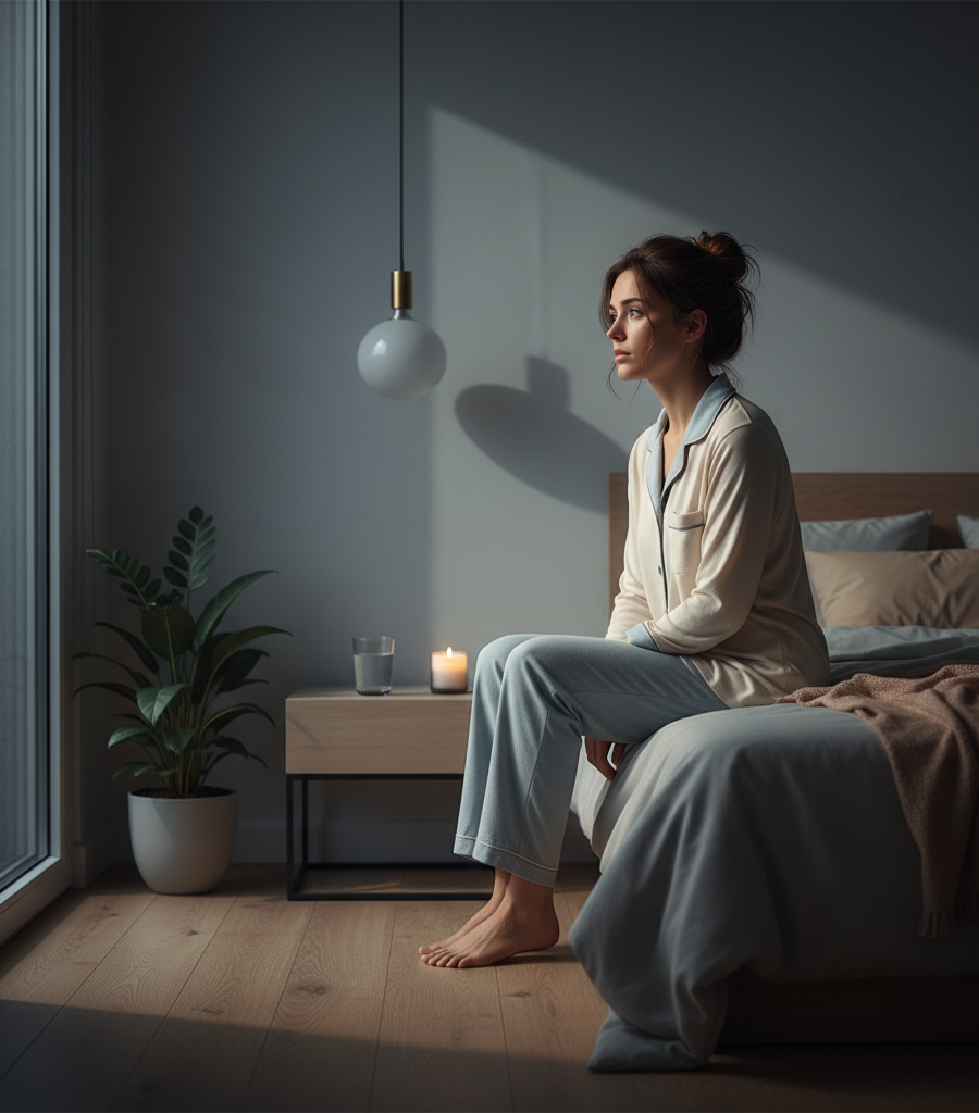 A woman in pajamas sits awake and pensive on the edge of the bed in a dark room with a candle, illustrating a state of struggle with Ayurveda and insomnia.