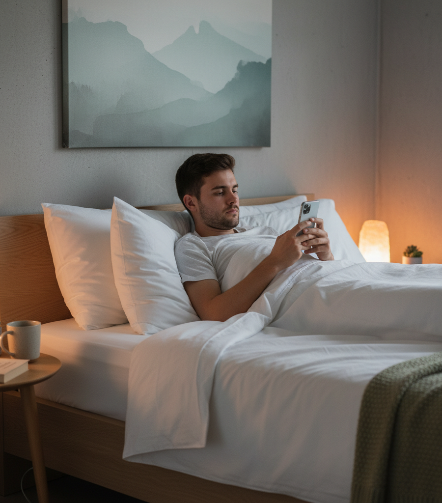 A man looks at a mobile phone in bed late at night, a common habit that disrupts sleep and is contrary to the principles of Ayurveda and insomnia.