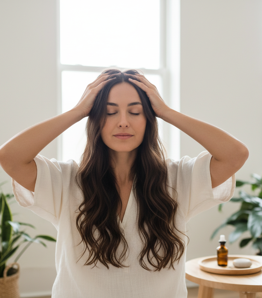 A woman with closed eyes gives herself a relaxing head self-massage, a natural Ayurvedic calming technique that helps with Ayurveda and insomnia.