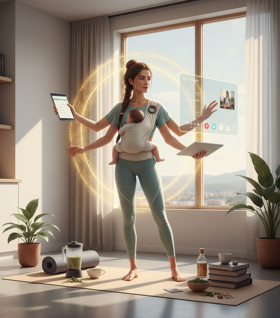 Modern multitasking woman balancing career and motherhood, full of energy thanks to Female Health Support.