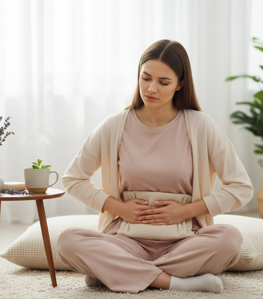 Woman experiencing menstrual cramps and abdominal discomfort, symptoms alleviated by the natural supplement Female Health Support.