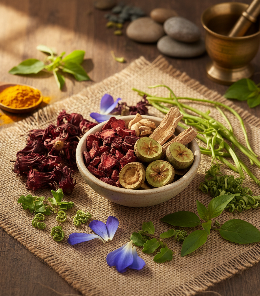 Natural Ayurvedic herbs Ashok, Lodhra, and Shatavari, key ingredients in the Female Health Support formula for hormonal balance.