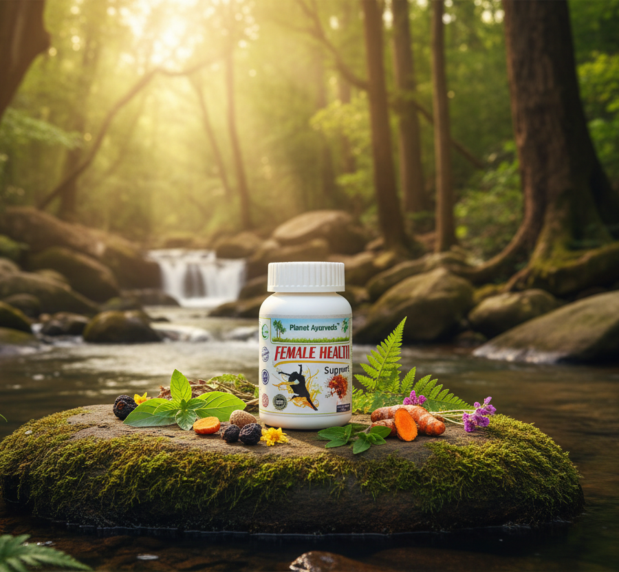 A bottle of Female Health Support placed in nature, symbolizing a natural solution for female reproductive health.