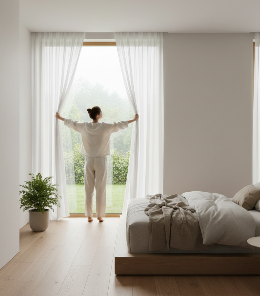 Opening curtains and letting natural light into the room as beneficial morning health habits.