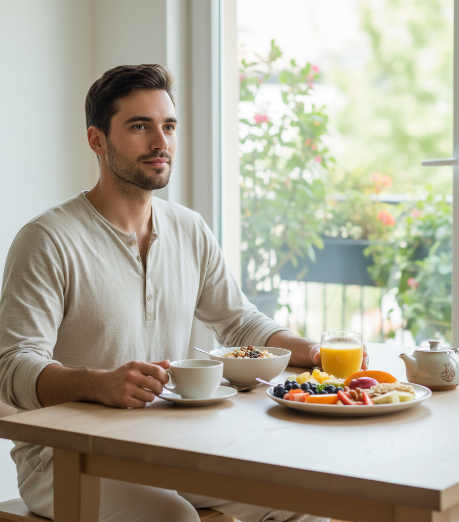 A young man enjoying a nutritious breakfast as part of positive morning health habits.