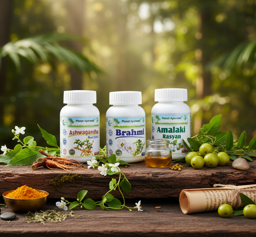 Natural supplements Ashwagandha, Brahmi, and Amalaki to support your morning health habits.