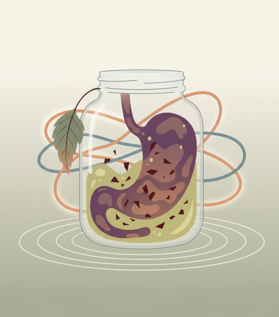 Illustration of the digestive process and fermentation in the stomach as a result of eating fruit after a meal.