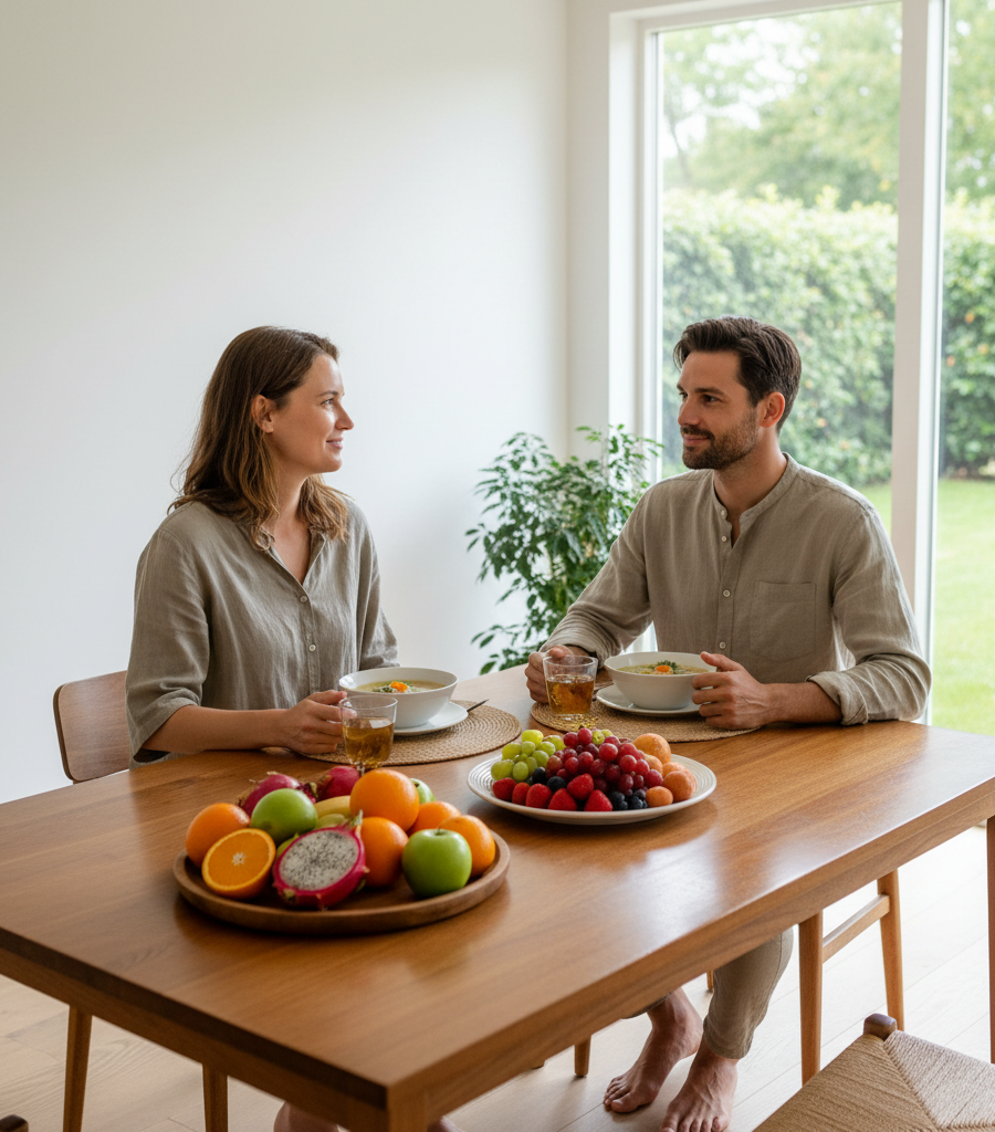 A man and a woman at a joint lunch with fresh fruit served that should not be consumed as fruit after a meal.