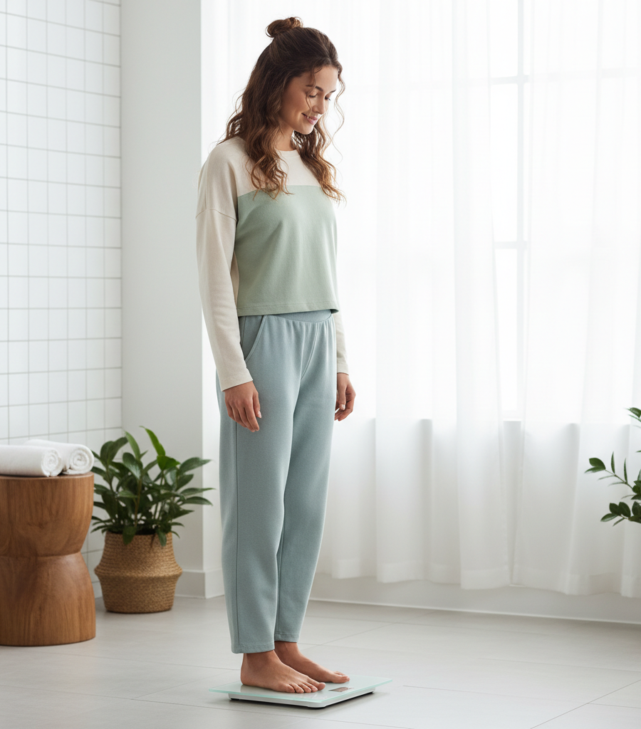 A woman tracking the results of successful weight loss hormone management.
