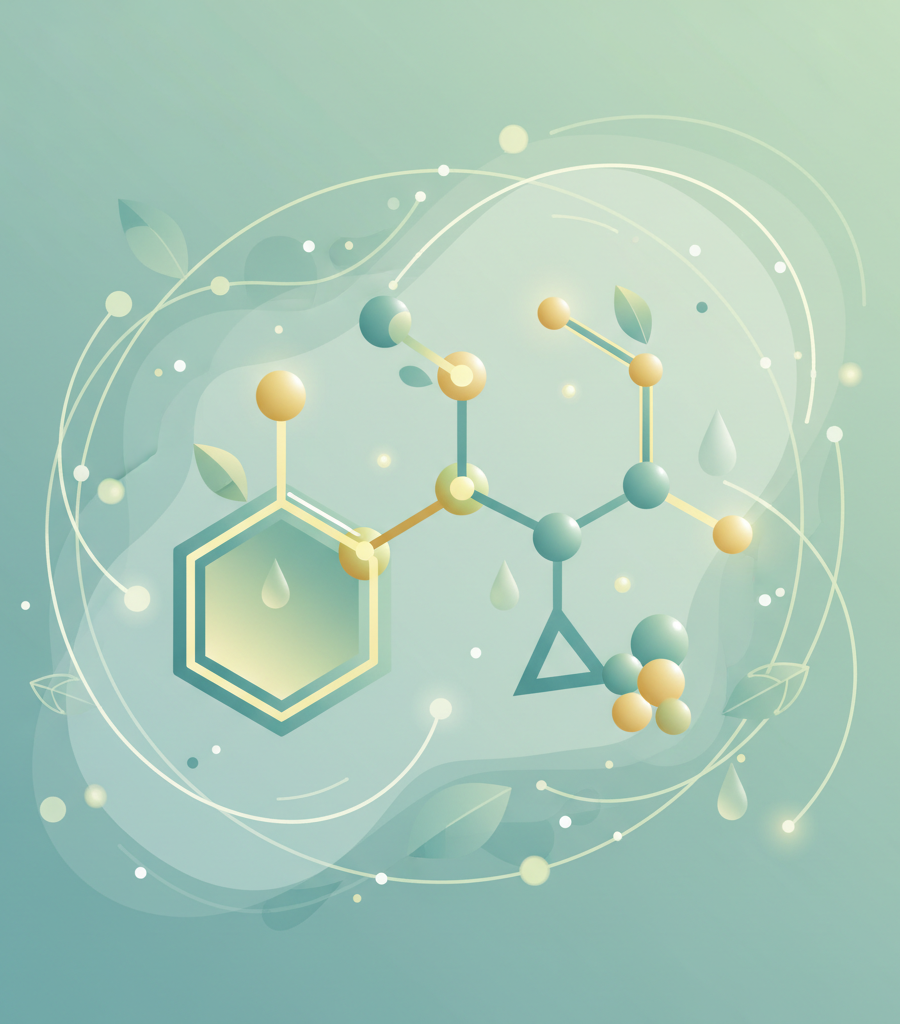 Abstract representation of the molecular structure of thiamine and its importance for preventing vitamin B1 deficiency.