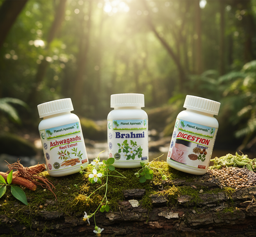 Ayurvedic supplements Ashwagandha, Brahmi, and Digestion Support to support the body during vitamin B1 deficiency.