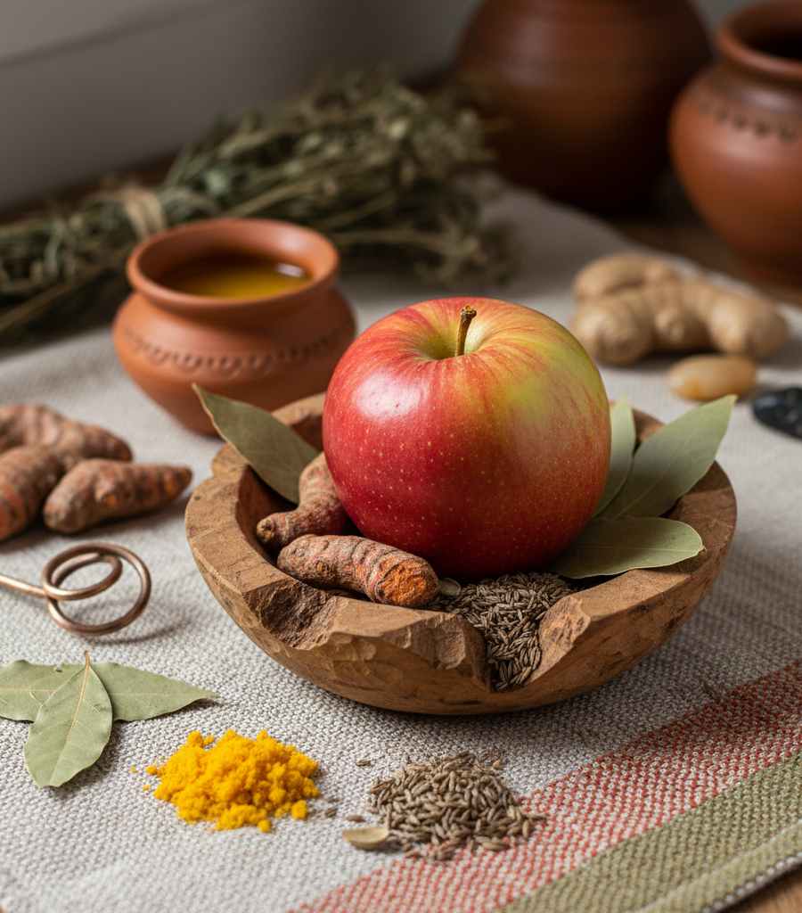 Red apple with Ayurvedic spices and turmeric as part of the superfruits for health category.