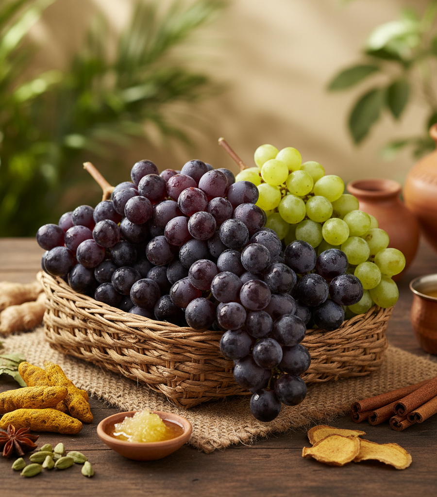 Basket with black and white grapes rich in resveratrol, ideal superfruits for heart health.