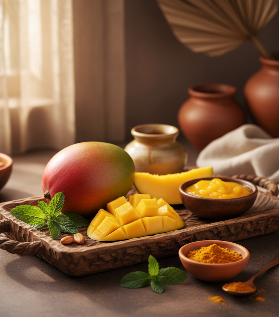 Freshly cut mango on a wooden base, representative of the best superfruits for health and good vision.