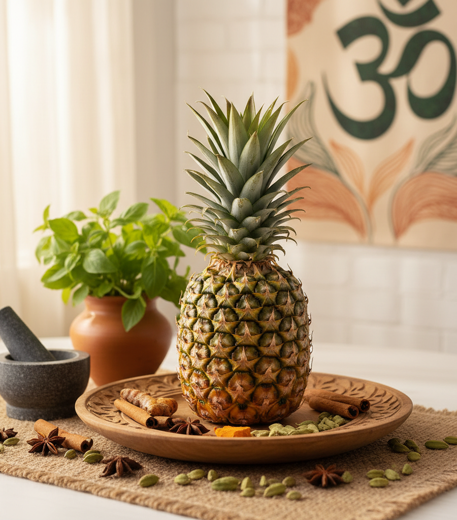 Whole pineapple surrounded by spices and an Ayurvedic symbol, part of the list of superfruits for health and digestion.