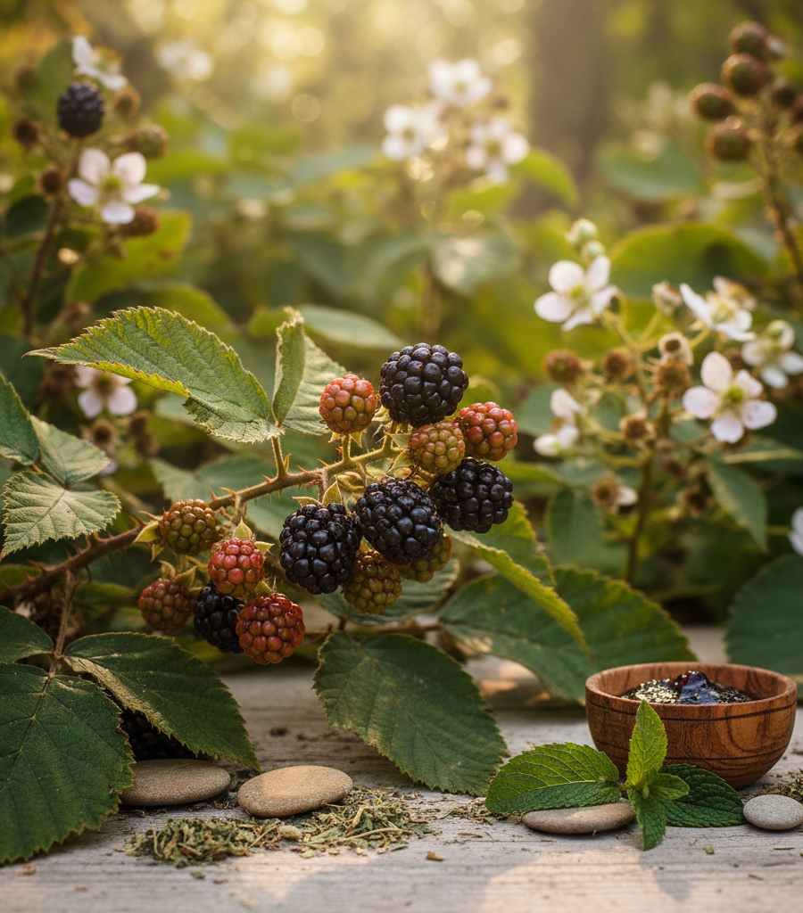 Wild blackberries on a branch in nature, powerful antioxidant superfruits for health and strong immunity.