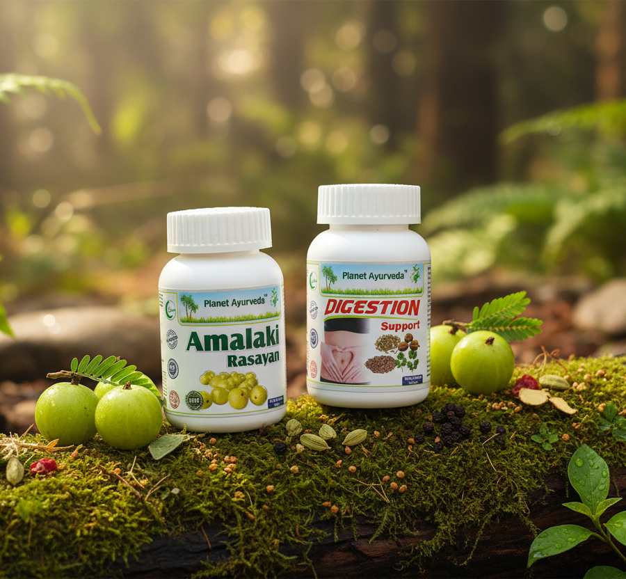 Ayurvedic supplements Amalaki Rasayan and Digestion Support in nature, based on superfruits for health.