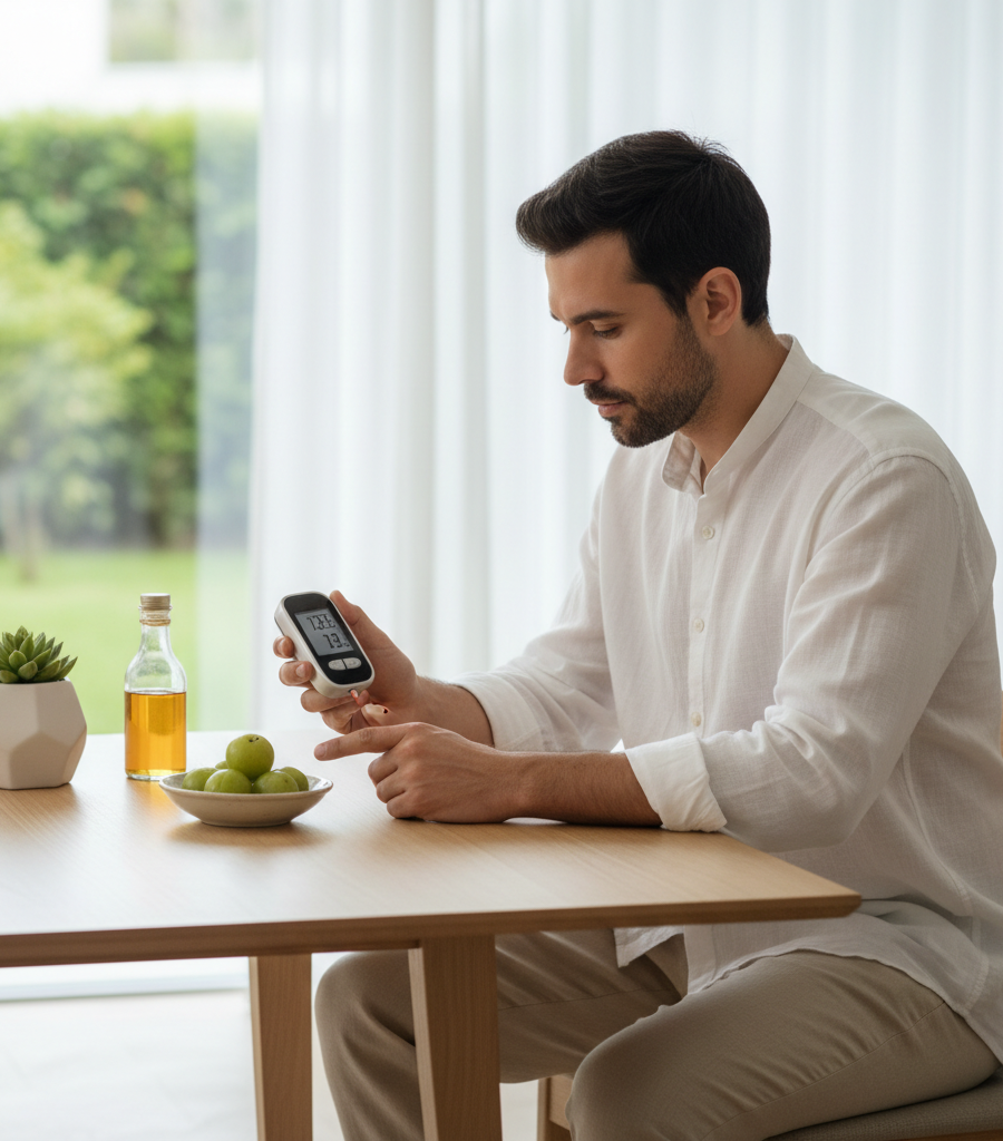 A man monitoring his glucose levels with a glucometer as part of his Ayurvedic diet for diabetes.
